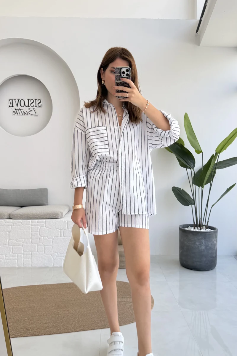 Sante Çizgili Şort Gömlek Takım - Beyaz - 51177