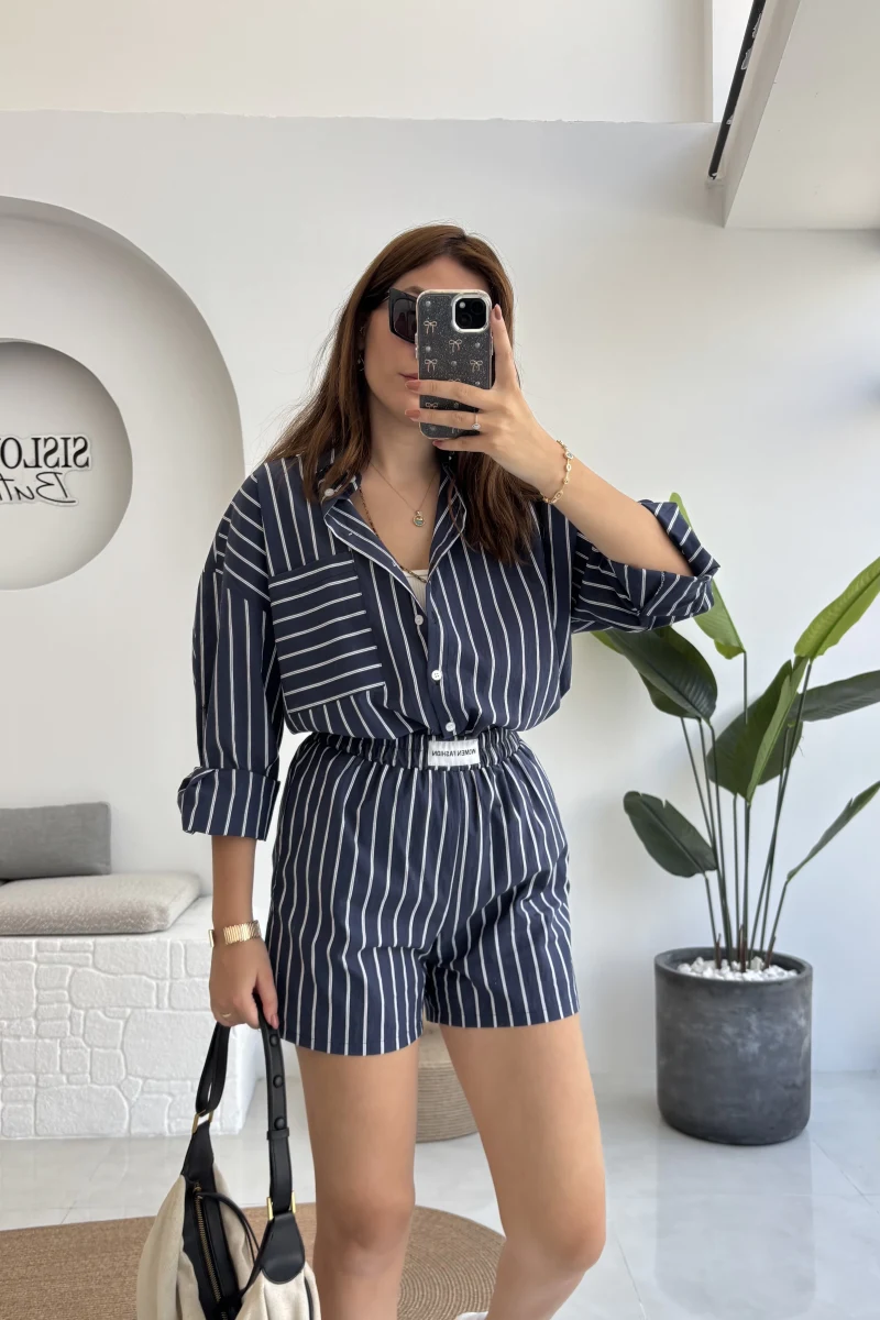 Sante Çizgili Şort Gömlek Takım - Lacivert - 51177