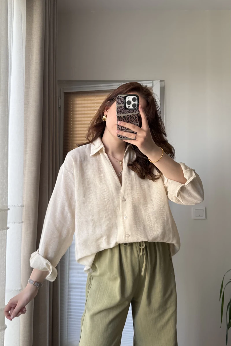 Santoria V Yaka Gömlek Krem (4957)