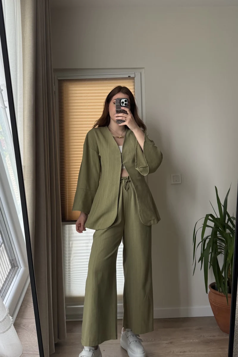 Sarah Önden Klipsli Ceket Takım - Haki