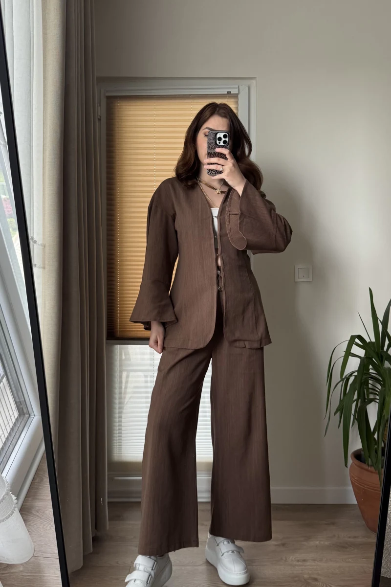 Sarah Önden Klipsli Ceket Takım - Kahve