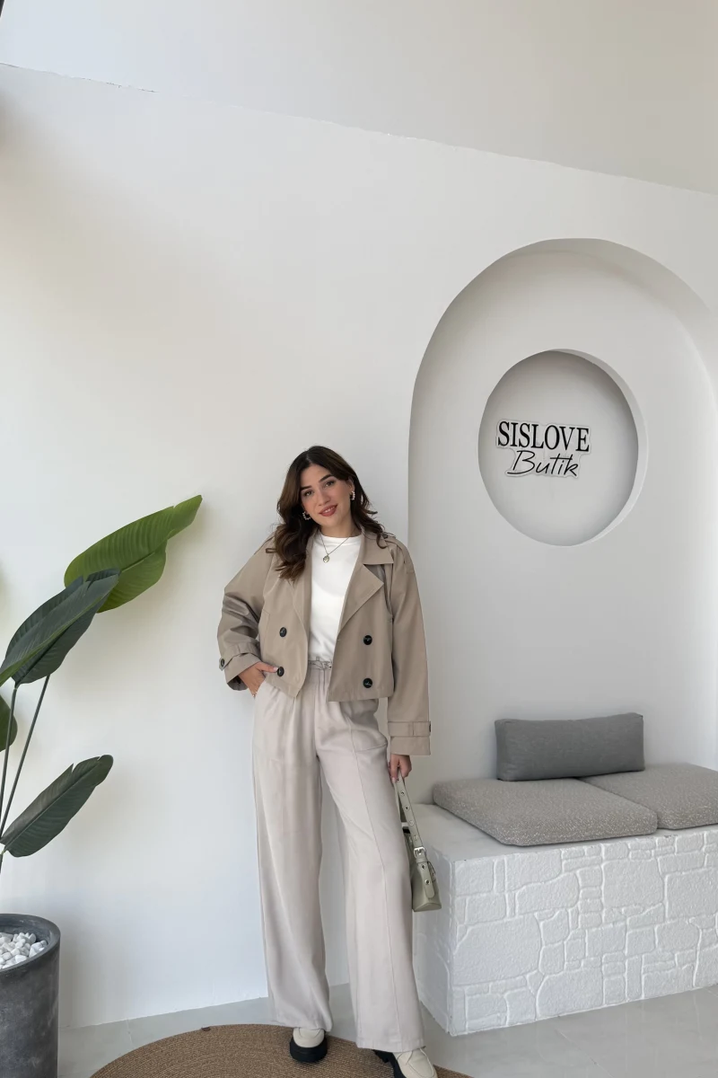 Saranda Beli Lastikli Bağlamalı Pantolon - Bej - Kod: 51120