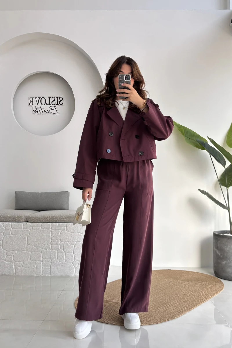 Saranda Beli Lastikli Bağlamalı Pantolon - Mürdüm - Kod: 51120