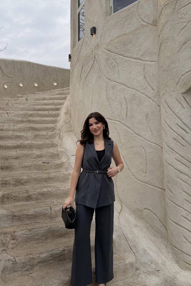 Sardinia Kemerli Yelek Pantolon Takım - Antrasit - Kod: 8019 4041