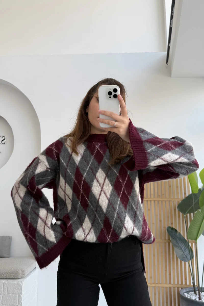 Şardon Baklavalı Kazak - Bordo - Kod: 04603