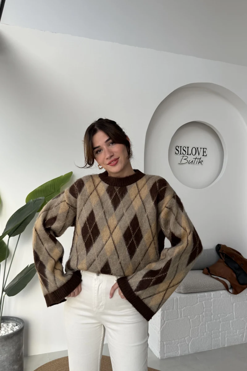 Şardon Baklavalı Kazak - Kahve - Kod: 04603