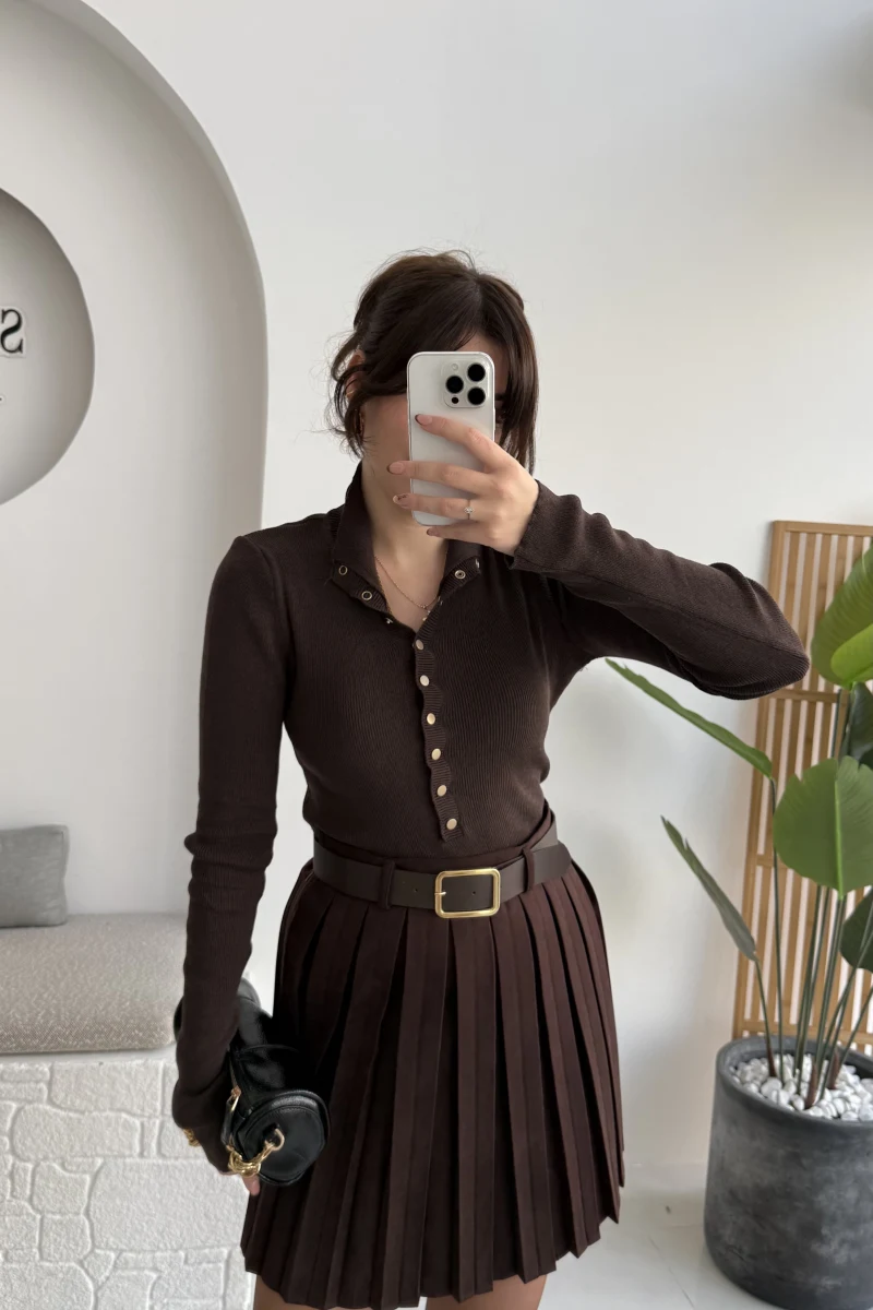 Sasha Dik Yaka Düğmeli Triko Kazak - Acı Kahve