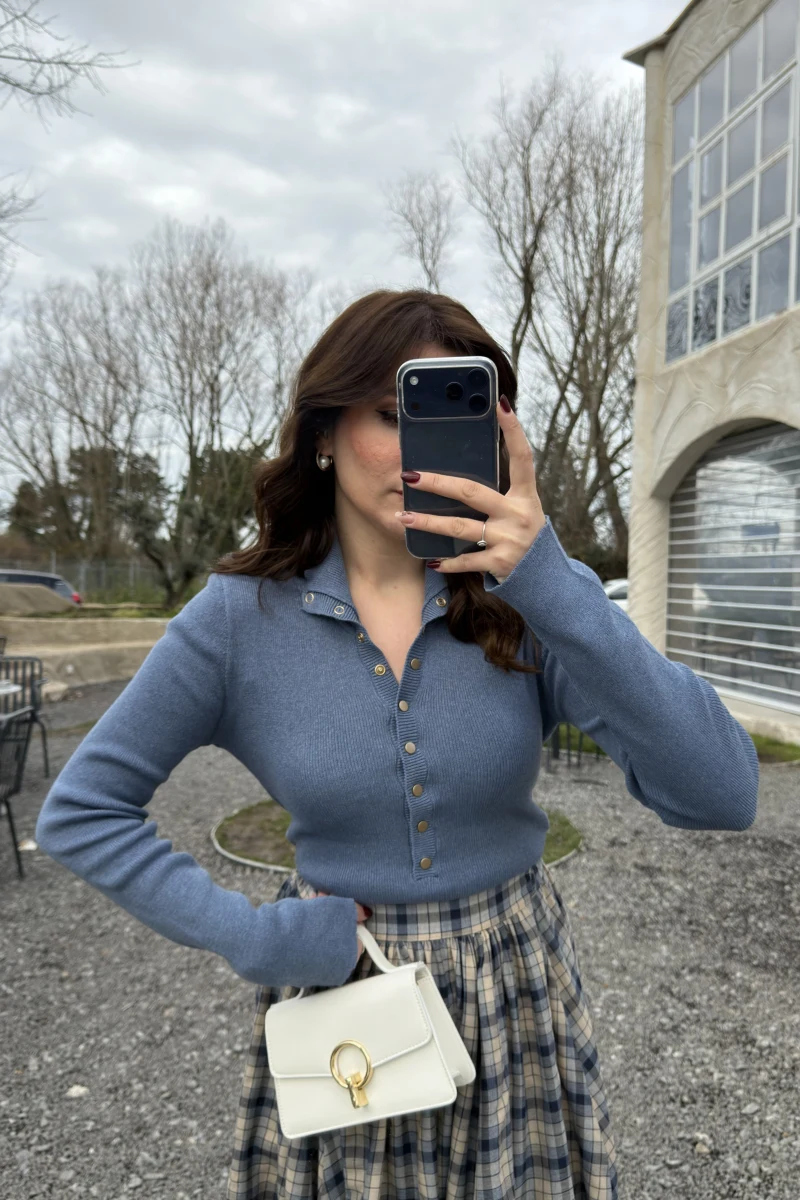 Sasha Dik Yaka Düğmeli Triko Kazak - İndigo