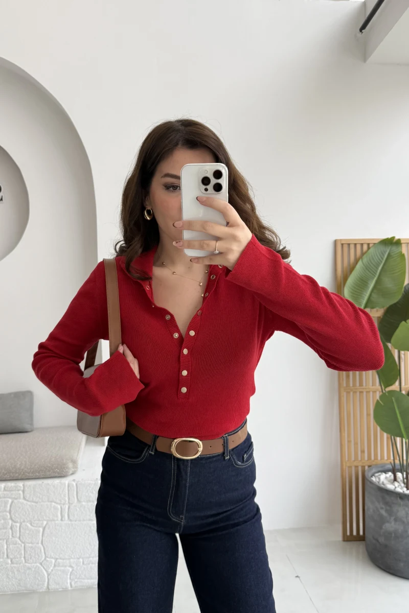 Sasha Dik Yaka Düğmeli Triko Kazak - Kırmızı