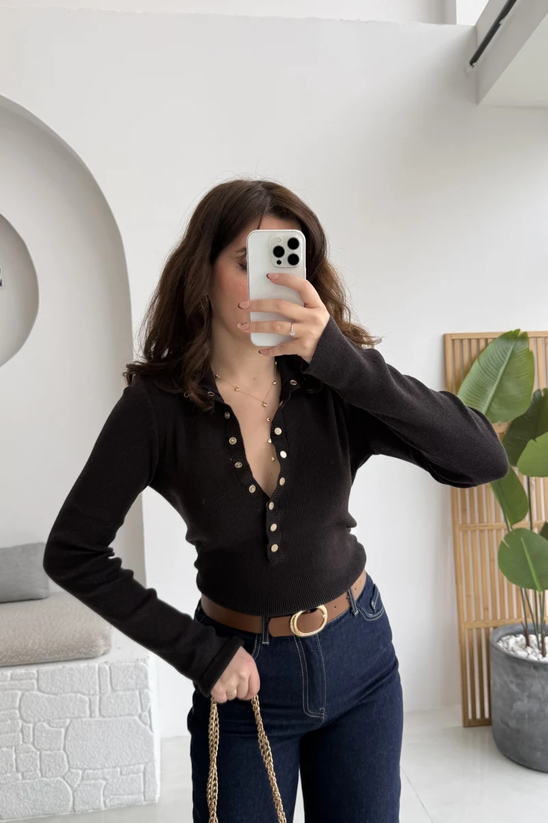 Sasha Dik Yaka Düğmeli Triko Kazak - Siyah Tonlu