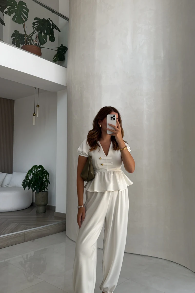 Saskia Modal Bluz Pantolon Takım - Ekru - Kod: 4165