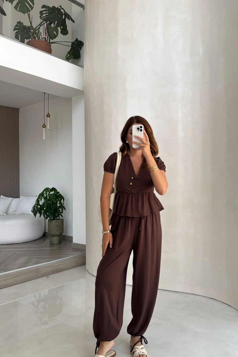 Saskia Modal Bluz Pantolon Takım - Kahverengi - Kod: 4165