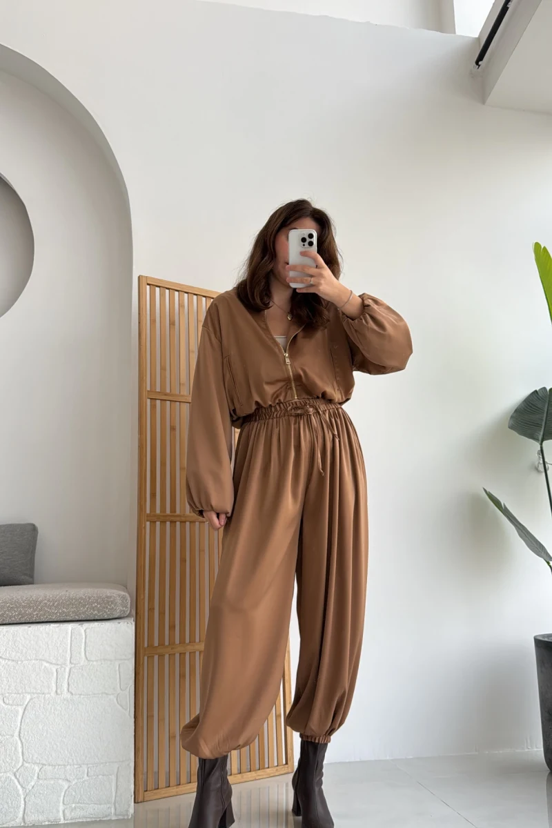 Saten Bomber Ceket Pantolon Takım - Camel - Kod: 9631