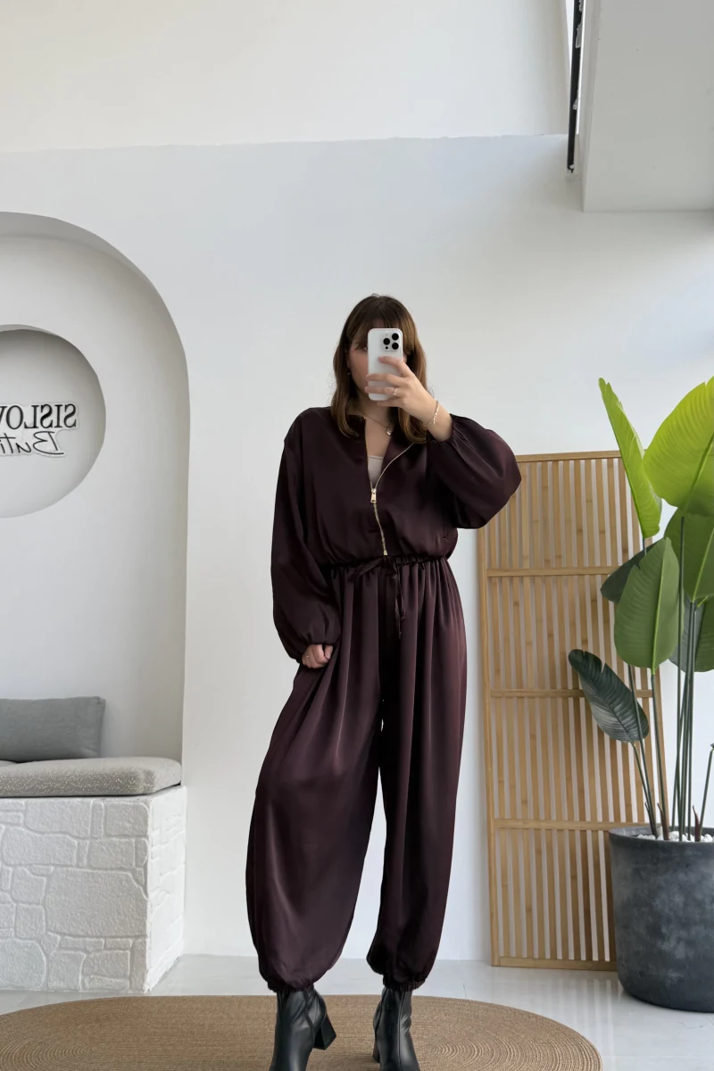 Saten Bomber Ceket Pantolon Takım - Mürdüm - Kod: 9631