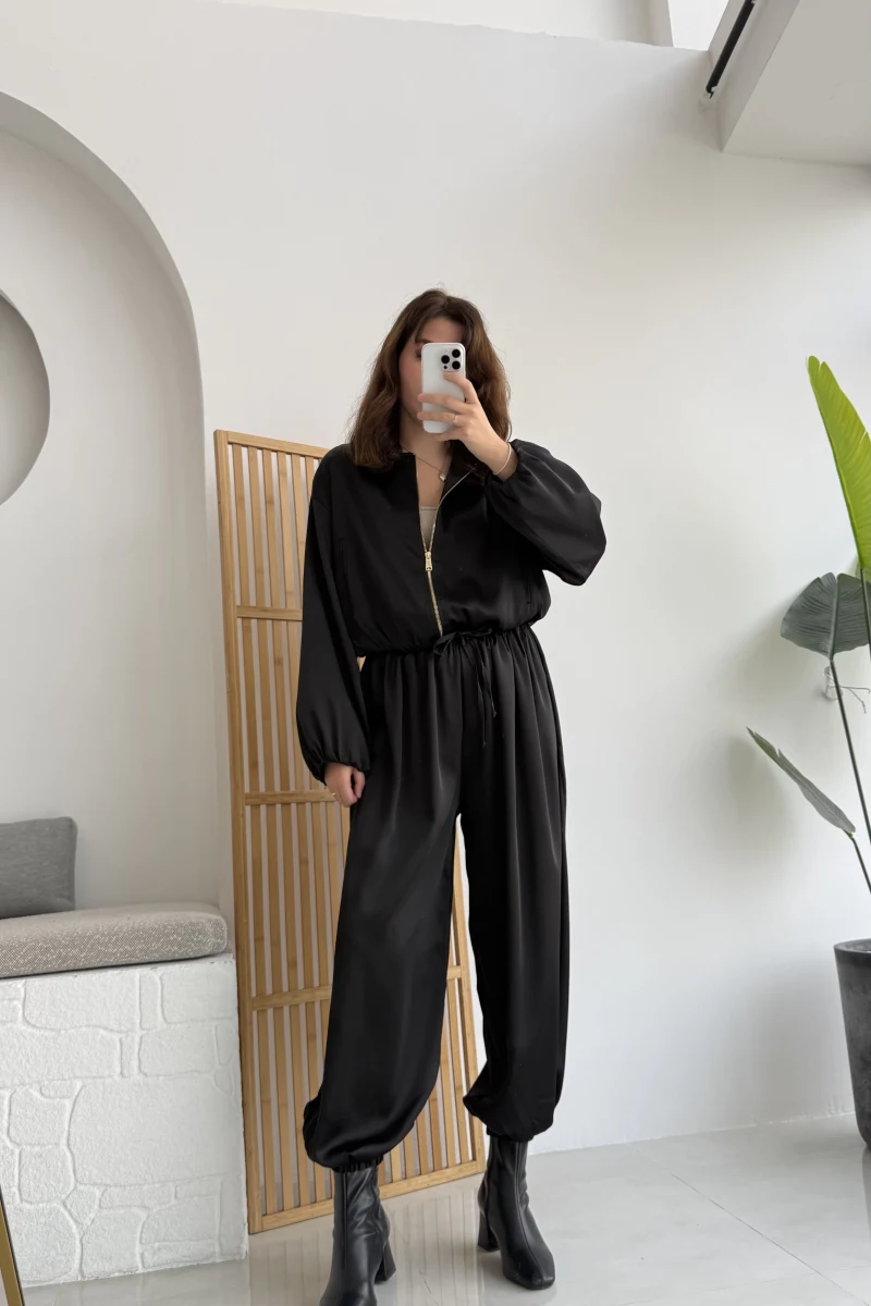 Saten Bomber Ceket Pantolon Takım - Siyah - Kod: 9631