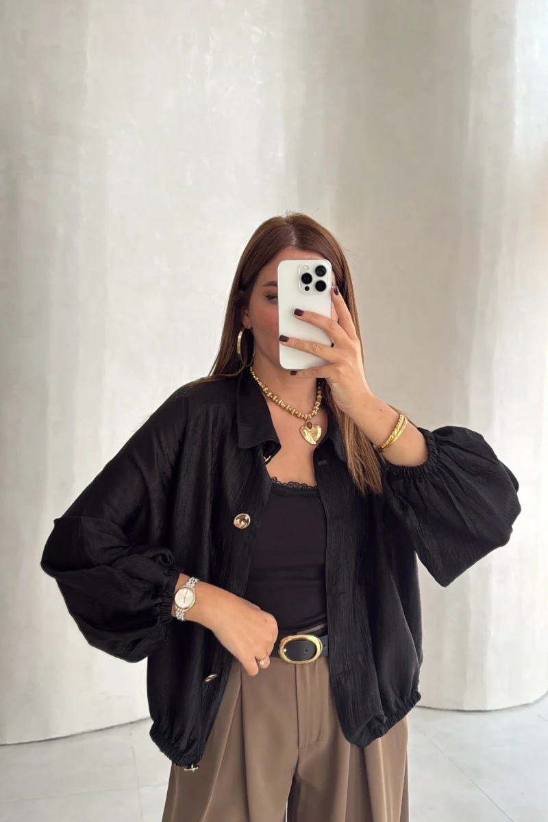 Saten Bomber İnce Ceket - Siyah - Kod: 9775