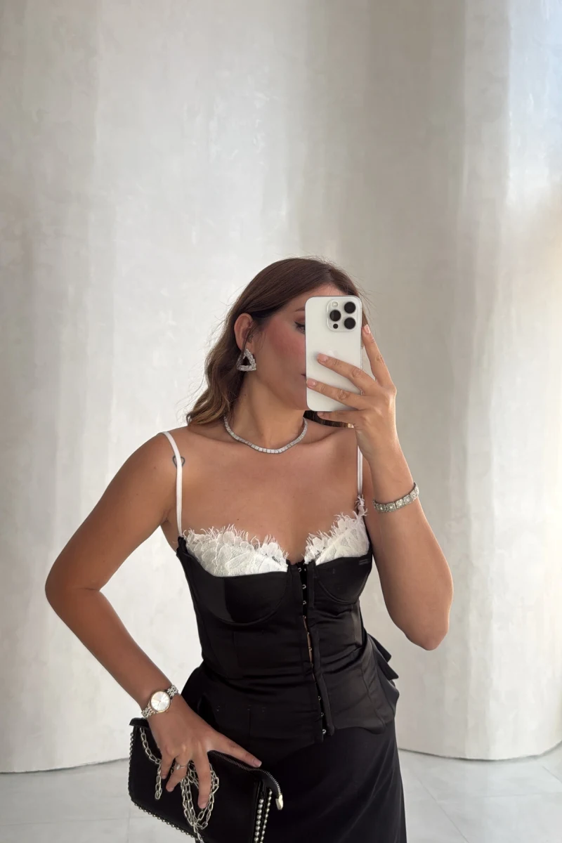 Saten Dantel Detay Askılı Korse - Siyah - Kod: 060338