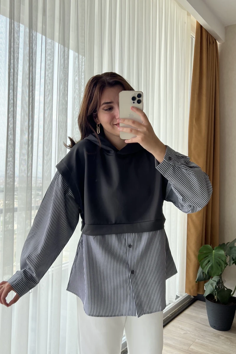 Scuba Gömlek Model Kapüşonlu Antrasit Sweatshirt