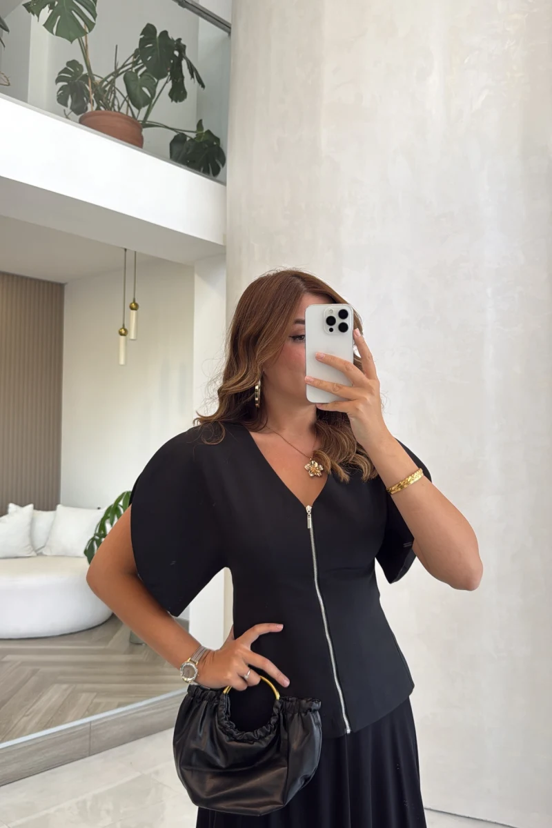 Sebastian Balon Kol Fermuarlı Bluz - Siyah - Kod: 3297