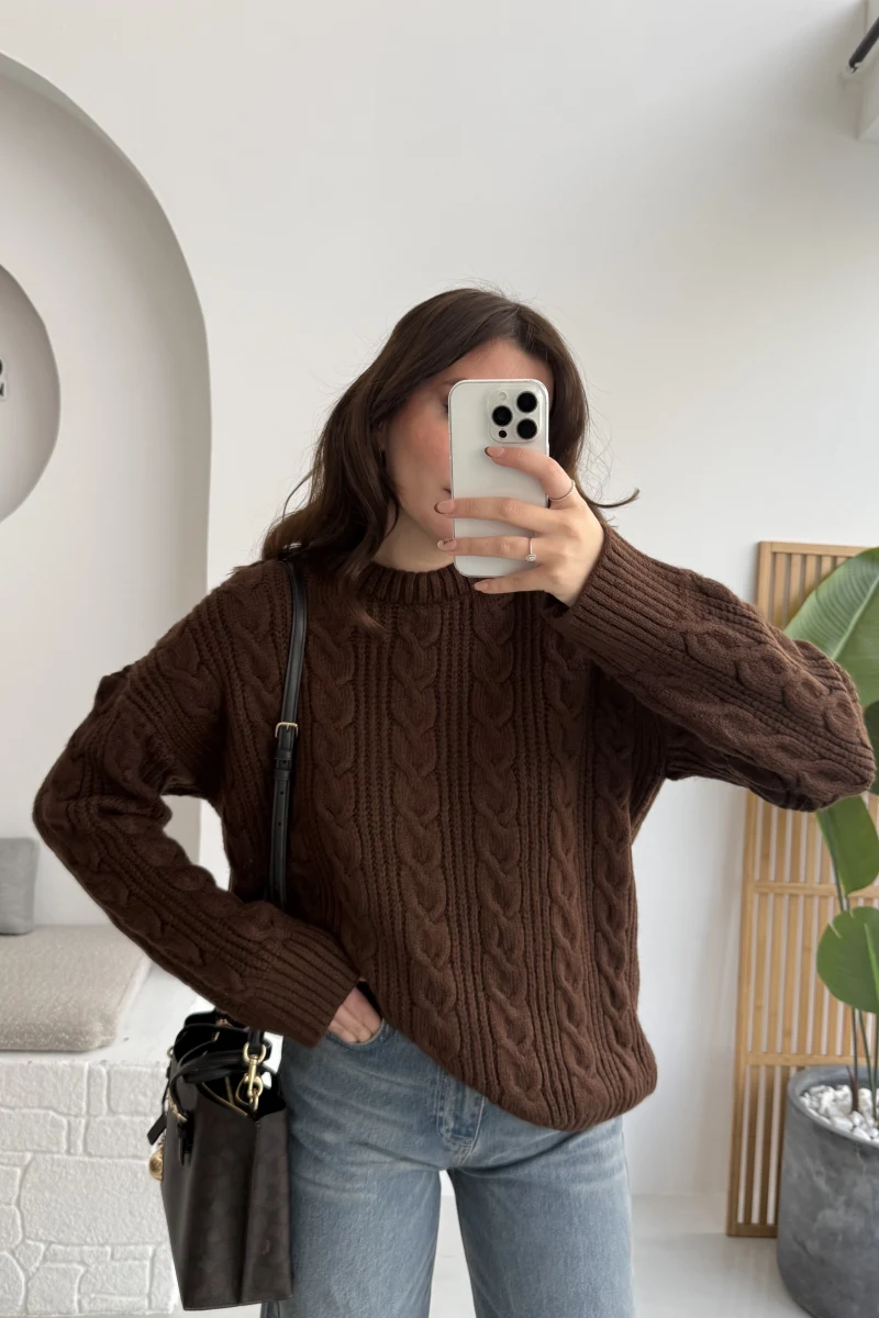 Selani Bisiklet Yaka Örgü Kazak - Acı Kahve - Kod: 4519