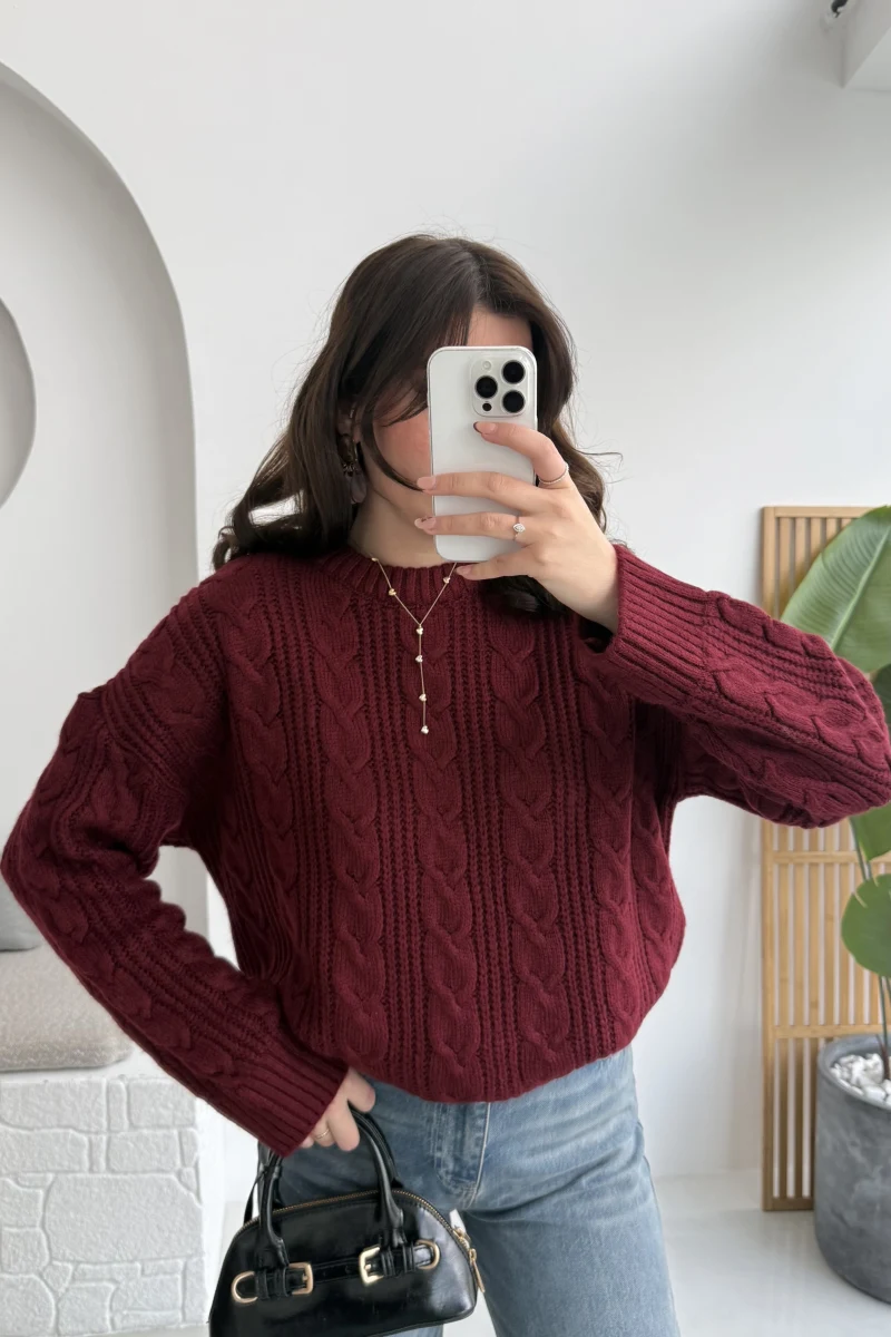 Selani Bisiklet Yaka Örgü Kazak - Bordo - Kod: 4519