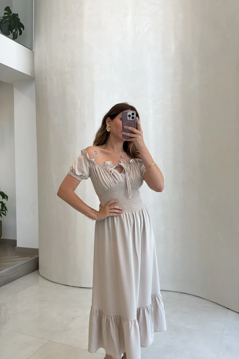 Selene Beli Gipeli Tensel Elbise - Bej - Kod: 4235