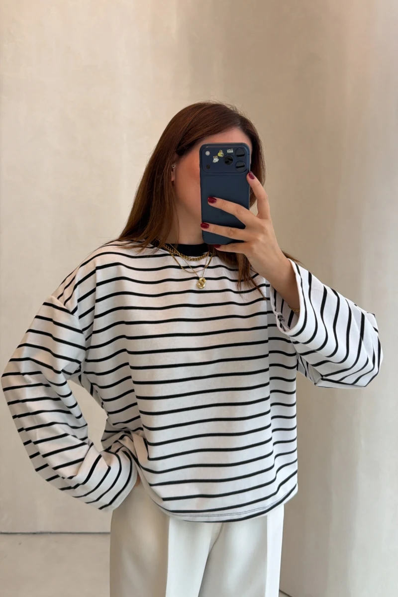 Sena Bisiklet Yaka Çizgili Sweatshirt - Beyaz - Kod: 4848