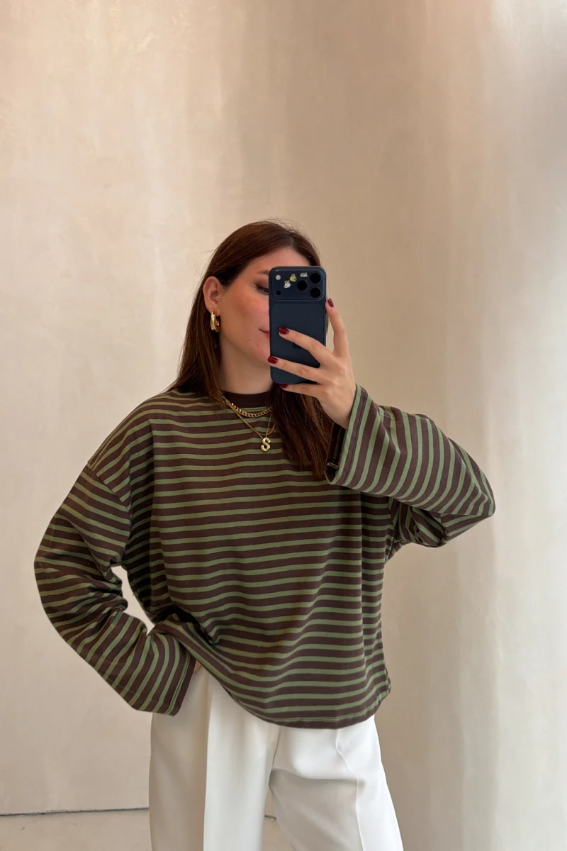 Sena Bisiklet Yaka Çizgili Sweatshirt - Haki - Kod: 4848