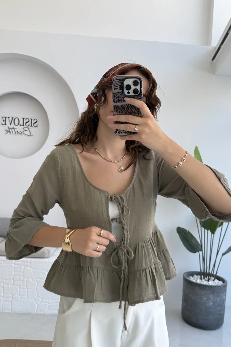 1013 - Seren Katlı Bağlamalı Bluz - Haki