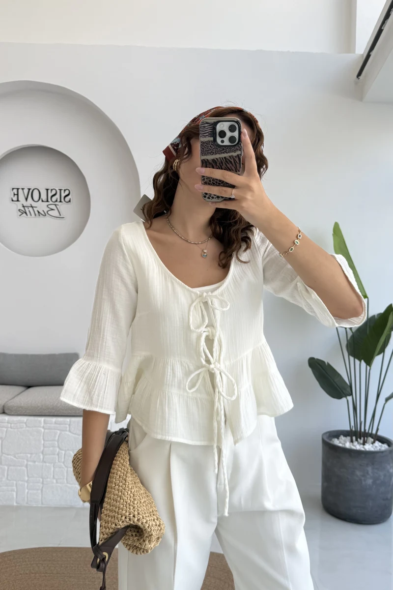 1013 - Seren Katlı Bağlamalı Bluz - Kırık Beyaz