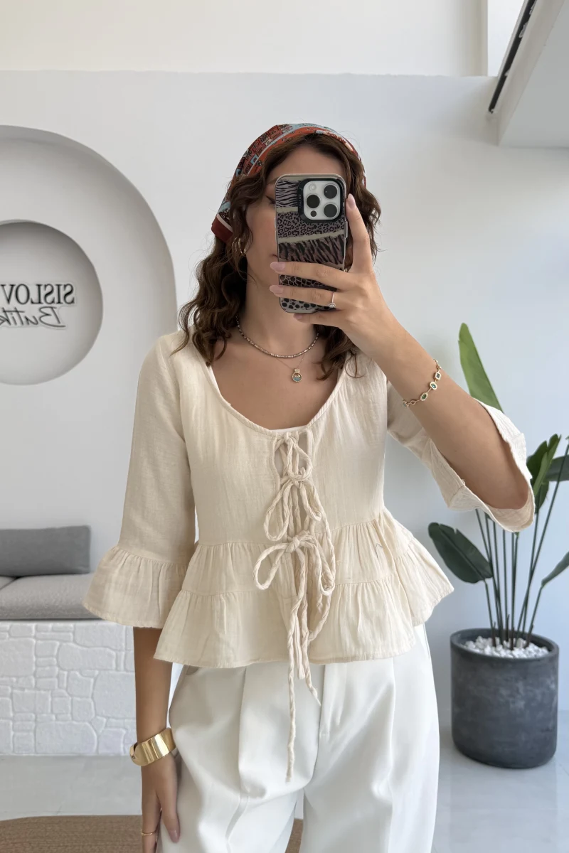 1013 - Seren Katlı Bağlamalı Bluz - Taş