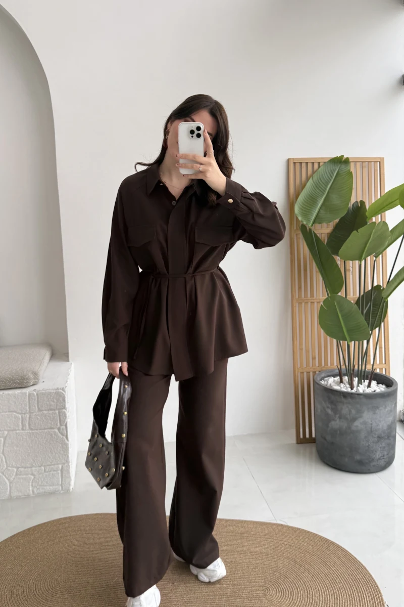 Serena Bağcıklı Gömlek Pantolon Takım - Acı Kahve - Kod: 8899