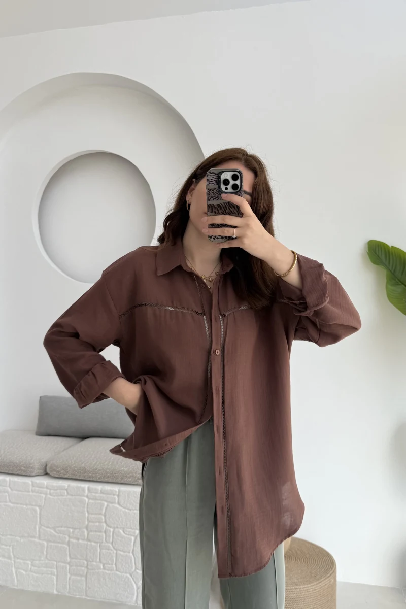 Şerit Detay Acı Kahve Gömlek - 2044