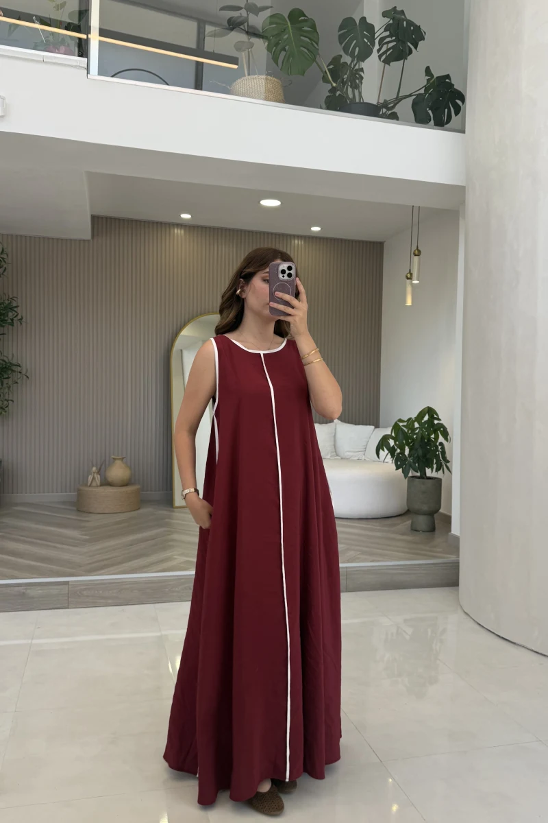 Şerit Detay Elbise Bordo