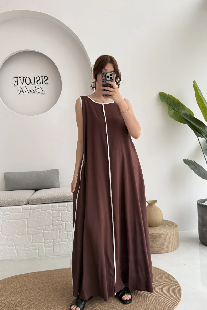 Şerit Detay Elbise Kahve