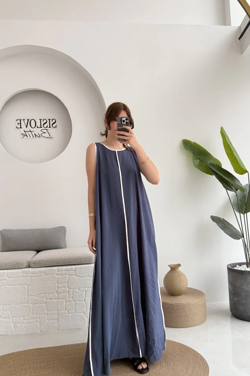 Şerit Detay Elbise Lacivert