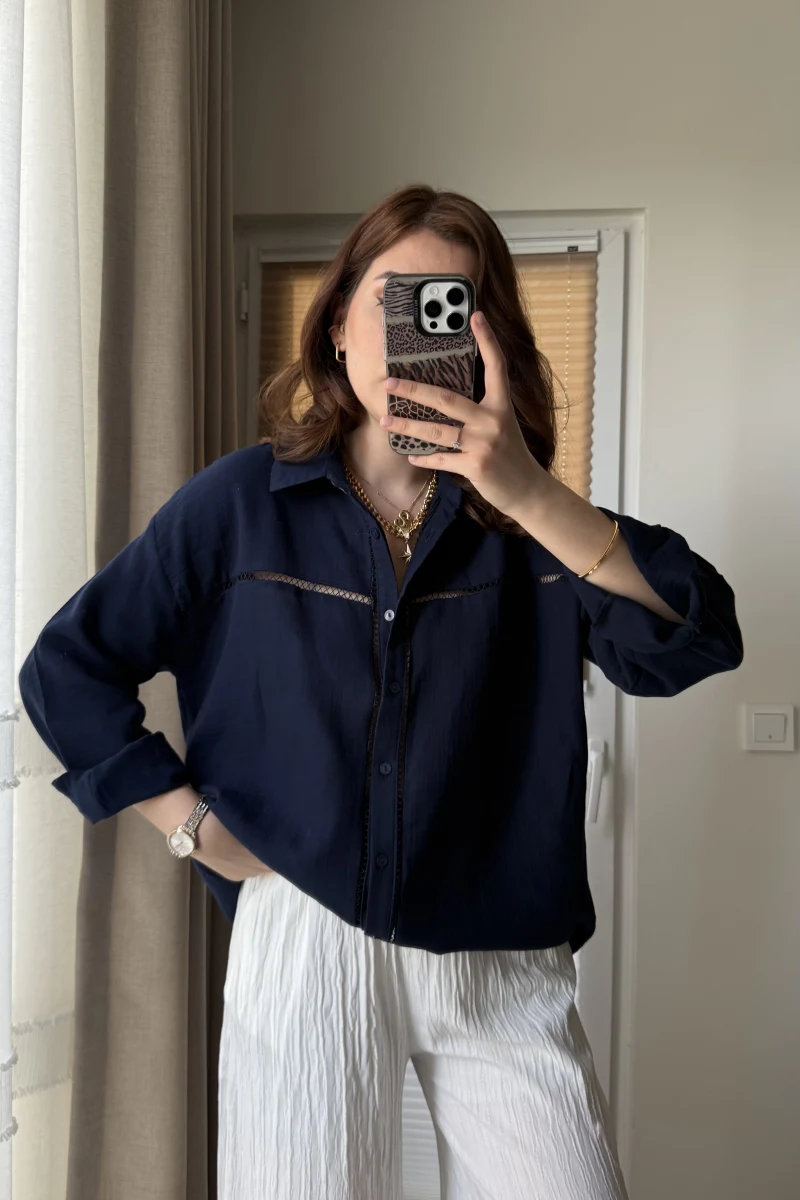 Şerit Detay Lacivert Gömlek - 2044