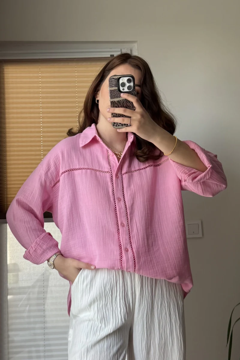 Şerit Detay Pembe Gömlek - 2044