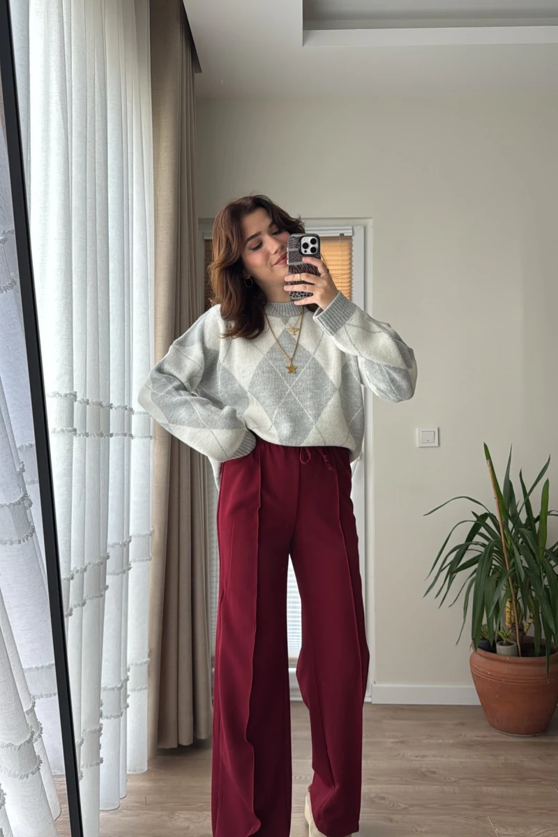 Şeritli Eşofman Pantolon Altı Bordo