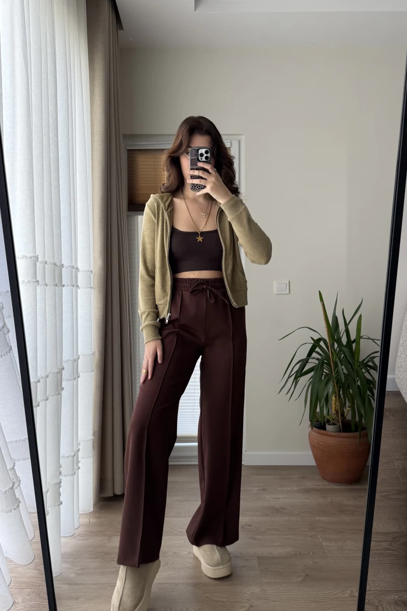 Şeritli Eşofman Pantolon Altı Acı Kahve