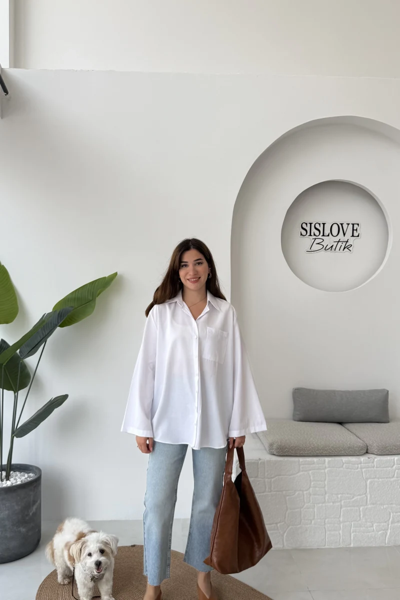 Shay Tek Cepli Uzun Gömlek - Beyaz - Kod: 2144