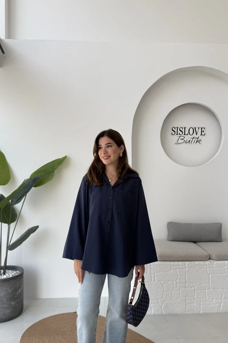 Shay Tek Cepli Uzun Gömlek - Lacivert - Kod: 2144