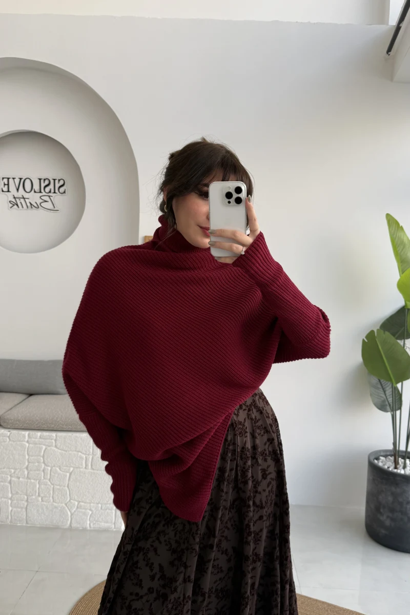 Shirley Asimetrik Kesim Boğazlı Triko Panço - Bordo