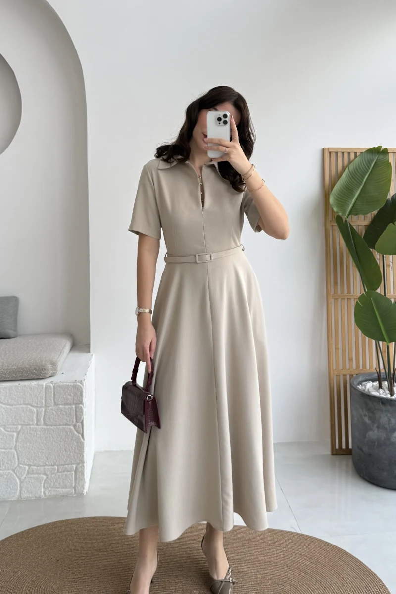 Sia Kısa Kol Kemerli Elbise - Taş - Kod: 2341