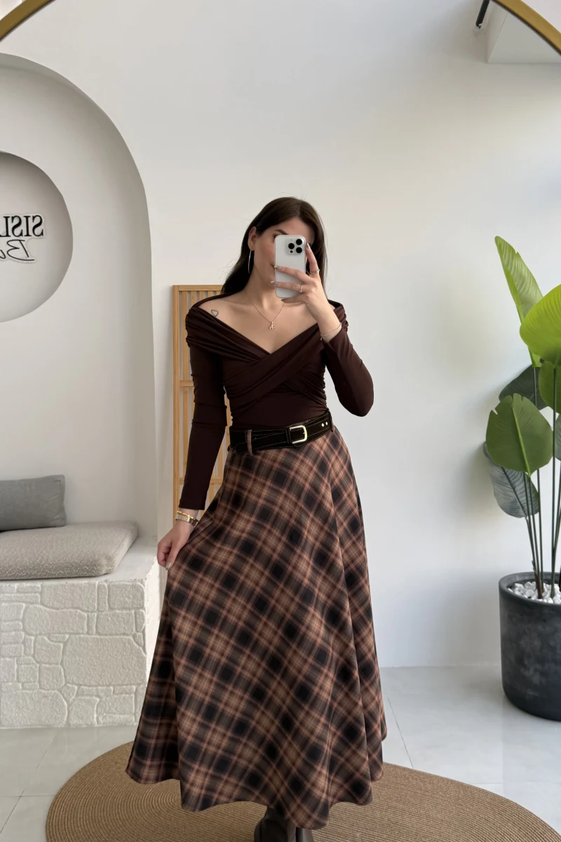 Sienna Ekose Desenli Kemerli Midi Boy Etek - Taş-Kahve - Kod: 9105