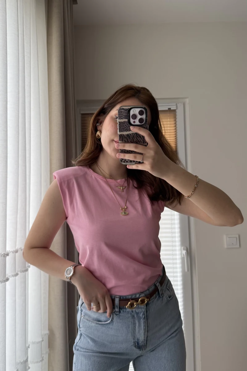 Sıfır Kol Vatkalı T-Shirt Pembe