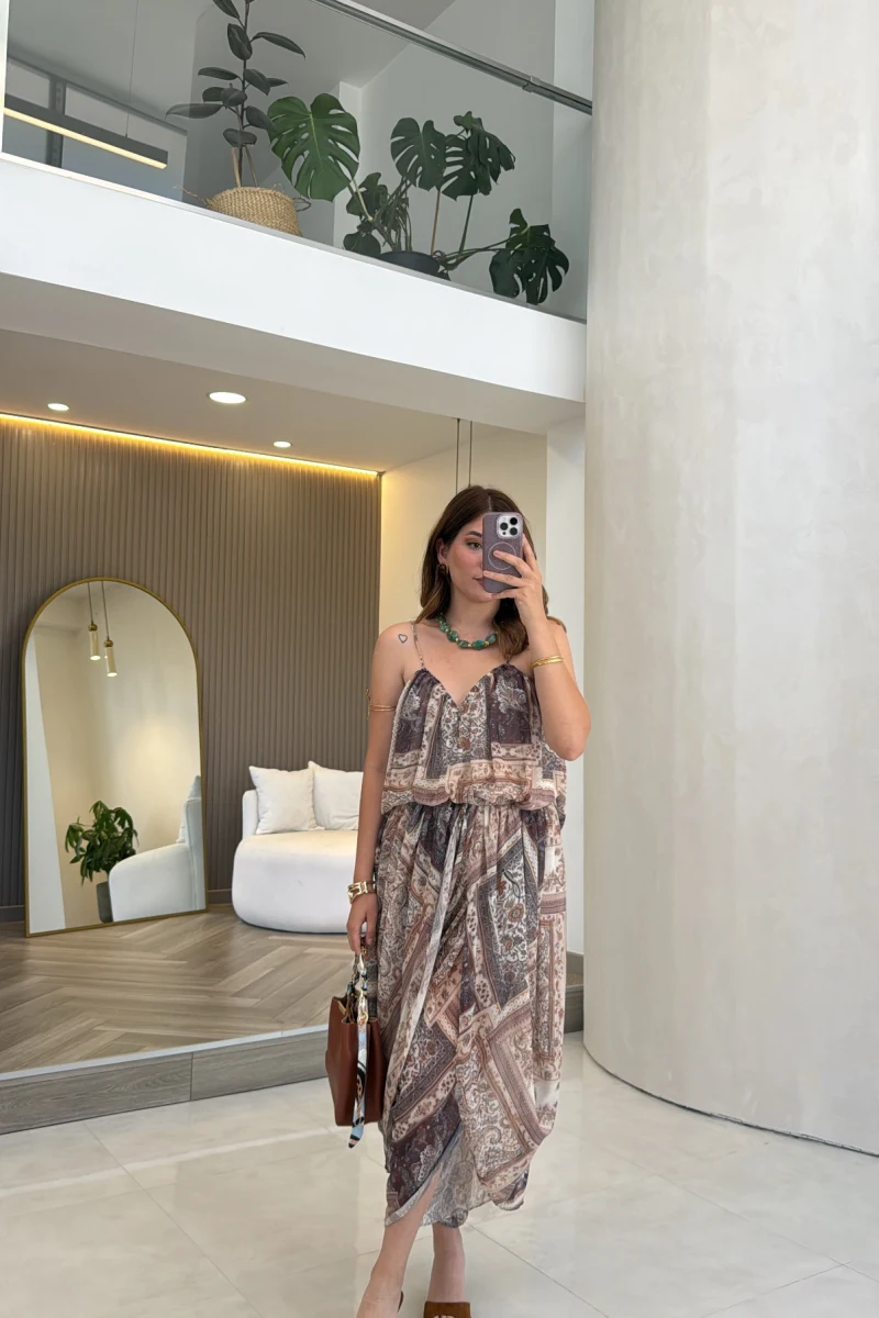 Şifon Desenli Askılı Bluz Şalvar Takım - Camel - Kod: 51409
