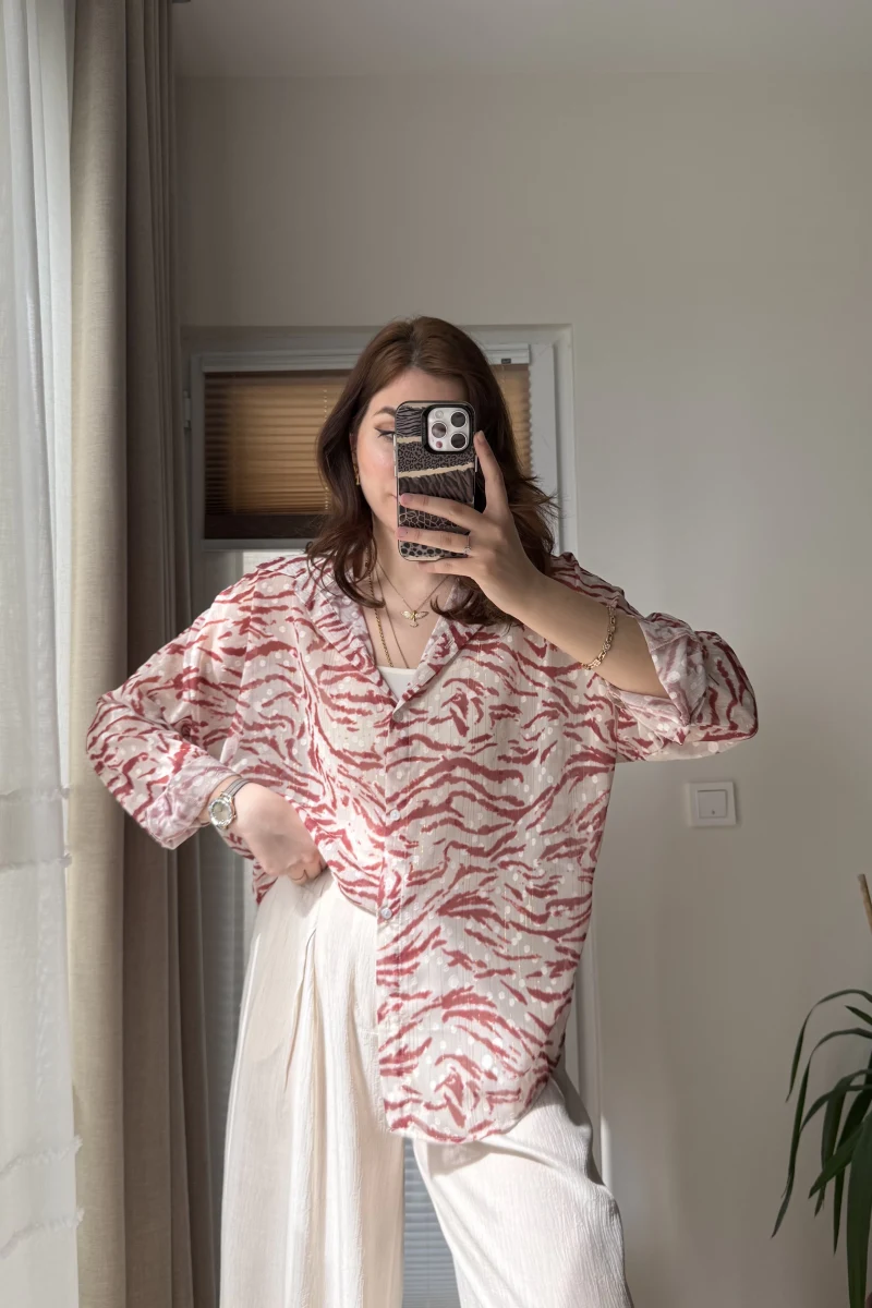 Şifon Desenli Gömlek Pembe