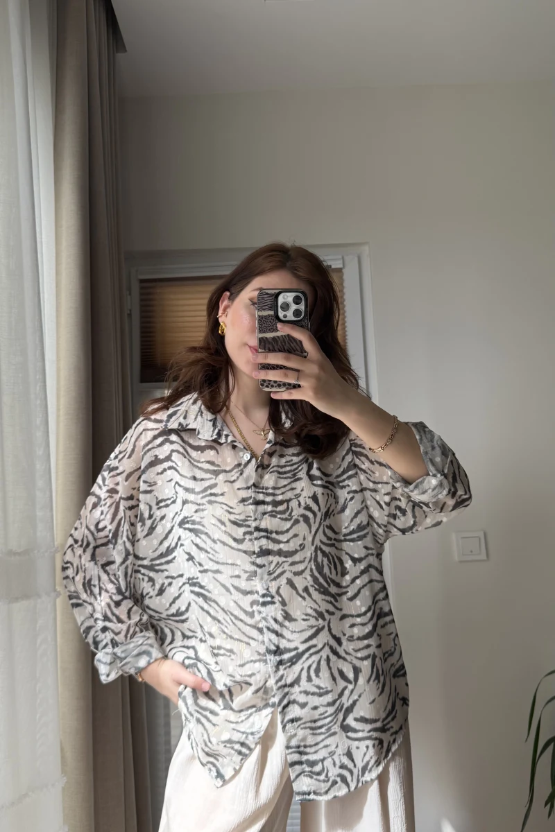 Şifon Desenli Gömlek Siyah