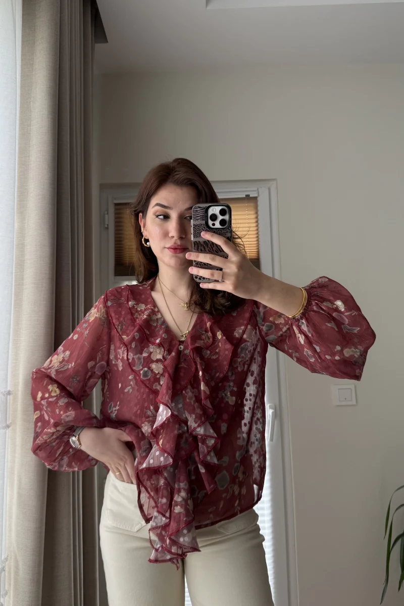 Şifon Fırfır Detay Bluz Kiremit